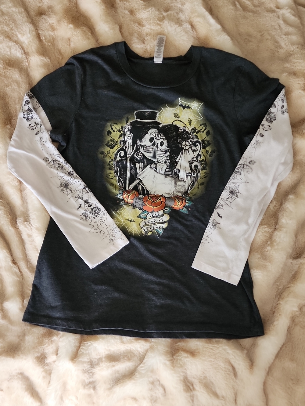 Skeleton Bride & Groom Layered Look Tee - Black with White Sleeves